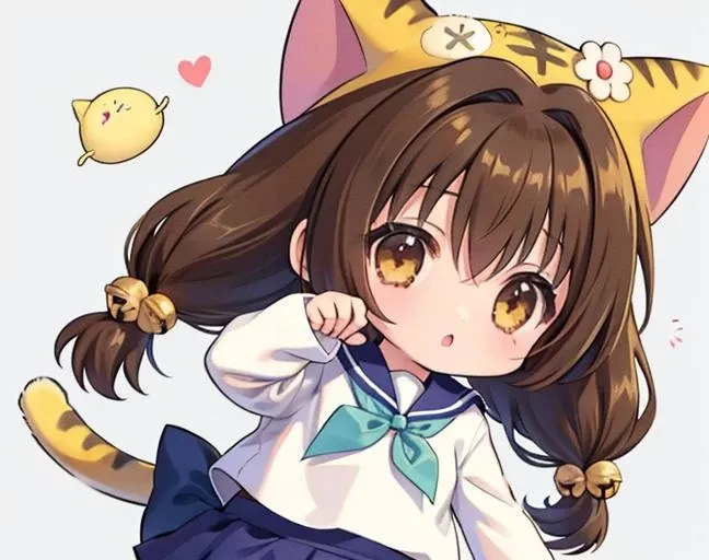 puchiko, 1girl, solo, brown hair, brown eyes, tail, hat, long hair, serafuku, chibi, twintails, bell, hair ornament, animal hat, cat ears, blue skirt, head_tilt, sitting, polka_dot_background 