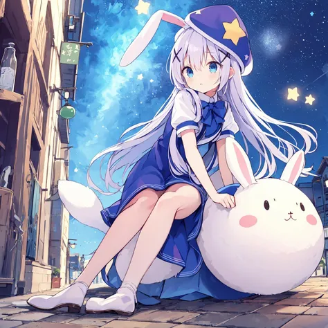 ichibann iinowo tanomu,hyper-detailed masterpiece,france(Colmar) street with good visibility,stars is glowing with many small stars,(solo),(sitting floor),(side view)
<lora:last:0.7> chino,(7 ),ultra long hair,white bunny ears hat,blue dress, x hair ornament, bowtie, blue ribbon, puffy short sleeves,