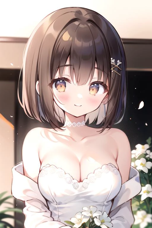 (masterpiece, best quality), 1girl, brown hair, bob cut, brown eyes, eyebrows_visible_through_hair, bangs, blush, smile, perky medium breasts, cleavage, halterneck, white camisole, bare_shoulders, collarbone, detached_sleeves,white background, upper body, (holding bouquet), blue pink white flowers, gomzi <lora:gomiz:0.8> <lora:ootomo-takuji-e06:0.4>