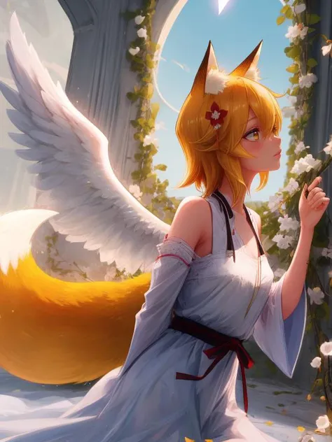 (paradise:1.2)
anime angel with white wings and a halo above her
<lora:senkoLora_v4:0.8> sen, blonde hair, 1girl, animal ears, (fox ears:1.1), blush, animal ear fluff, solo, hair ornament, fox girl, hair flower, hair between eyes, short hair, yellow eyes, fox tail, tail, dutch angle, side view
angel, flying, sky, halo, angel wings, feathered wings, white dress
<lora:add_detail:0.8> <lora:RossDraws:0.78>, (intricate details), (hyperdetailed), 8k hdr, high detailed, lot of details, high quality, soft cinematic light, dramatic atmosphere, atmospheric perspective