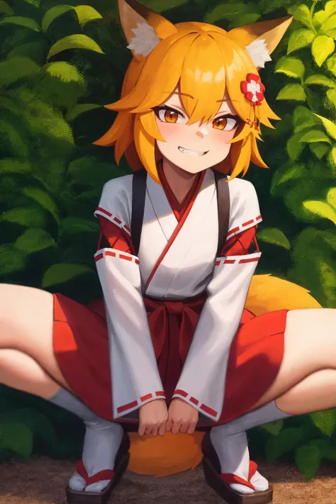 masterpiece, highest quality, cowboy shot, best quality, 1girl, solo, looking at viewer,  outside, (in the bushes:1.3), (squatting:1.2), (spread legs:1.3),
sen, animal ears, fox ears, fox girl, fox tail, hair flower, hair ornament, orange eyes, orange hair, short hair, tail, miko, japanese clothes, <lora:senkoLora_v4:0.5>
bimbofication, puffy lips,
wamudraws, <lora:my_wamudraws_v1:0.2>
lozhkin, (evil grin:1.2), accurate teeth with gaps <lora:lozhkin_V1:0.3>