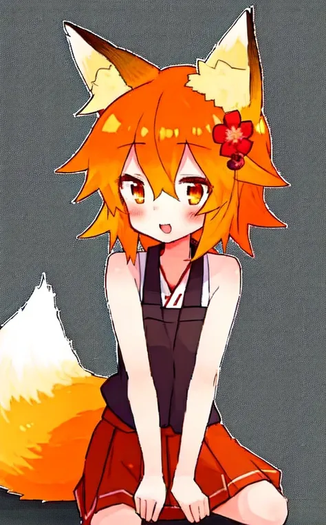 sen, animal ears, fox ears, fox girl, fox tail, hair flower, hair ornament, orange eyes, orange hair, short hair, tail, flat chest <lora:senkoLora_v2:0.7>