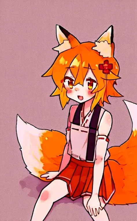 sen, animal ears, fox ears, fox girl, fox tail, hair flower, hair ornament, orange eyes, orange hair, short hair, tail, flat chest <lora:senkoLora_v2:1>