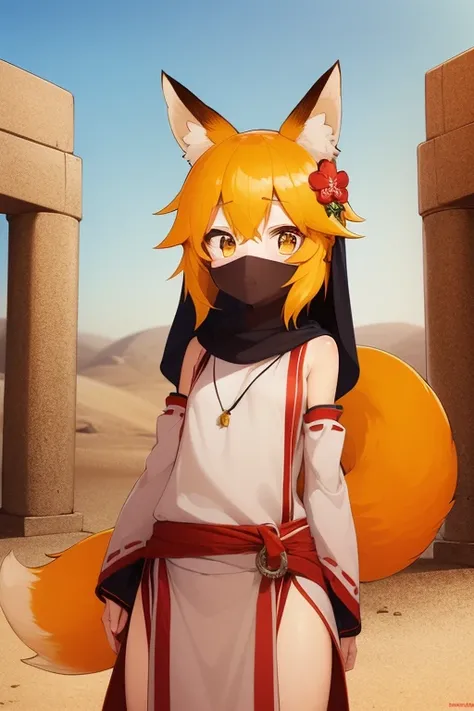 <lora:senkoLora_v2:0.7>, (best quality), (ultra-detailed), (best illustration), (masterpiece), sen, animal ears, fox ears, fox girl, fox tail, hair flower, hair ornament, orange eyes, orange hair, short hair, tail, flat chest, sfw, <lora:mouthveil:0.6>, mouthveil, inside desert temple background, desert nomad clothing