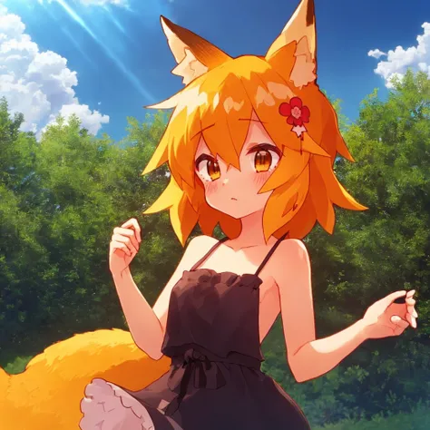 ((best quality:1), (masterpiece:1), (ultra-detailed:1):1.3), dark night, low brightness, detailed background, cinematic lighting,, sen, animal ears, fox ears, fox girl, fox tail, hair flower, hair ornament, orange eyes, orange hair, short hair, tail, flat chest, 1girl, solo, kimono, miko, japanese clothes,, upper body, ((sundress, white sundress, bare shoulders)), garden, outdoors, sunrays, cloud, sky, outdoors, cloudy sky, leaf, sunbeam,