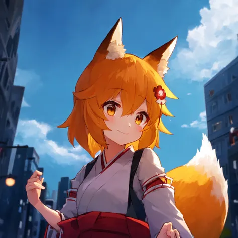 ((best quality:1), (masterpiece:1), (ultra-detailed:1):1.3), dark night, low brightness, detailed background, cinematic lighting,, sen, animal ears, fox ears, fox girl, fox tail, hair flower, hair ornament, orange eyes, orange hair, short hair, tail, flat chest, 1girl, solo, kimono, miko, japanese clothes,, dark night, cowboy shot, smile, cloud, sky, outdoors, cloudy sky, post-apocalypse, street, city, cityscape, city lights, dynamic pose, upper body, upper body, arms behind back,