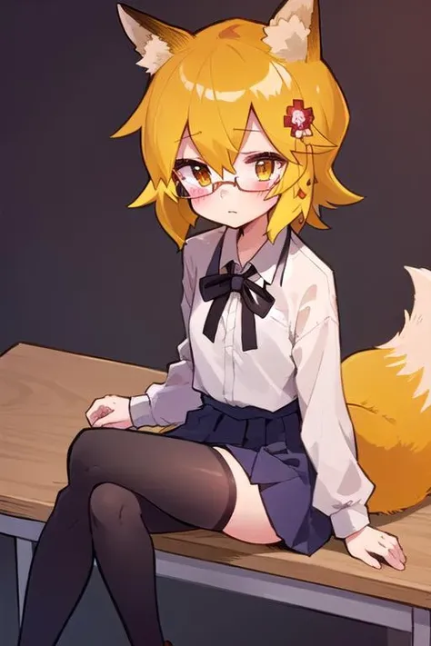 masterpiece, best quality, highly detailed, sen, animal ears, fox ears, fox girl, fox tail, hair flower, hair ornament, orange eyes, orange hair, short hair, tail, blush, looking at viewer, petite, school uniform, brown shoes, sit with legs crossed, glasses, black thighhighs, skirt, blue skirt, sitting on desk, from above, girl