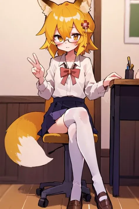 masterpiece, best quality, highly detailed, sen, animal ears, fox ears, fox girl, fox tail, hair flower, hair ornament, orange eyes, orange hair, short hair, tail, blush, looking at viewer, petite, school uniform, brown shoes, sit with legs crossed, glasses, black thighhighs, skirt, blue skirt, sitting on desk, from above, girl