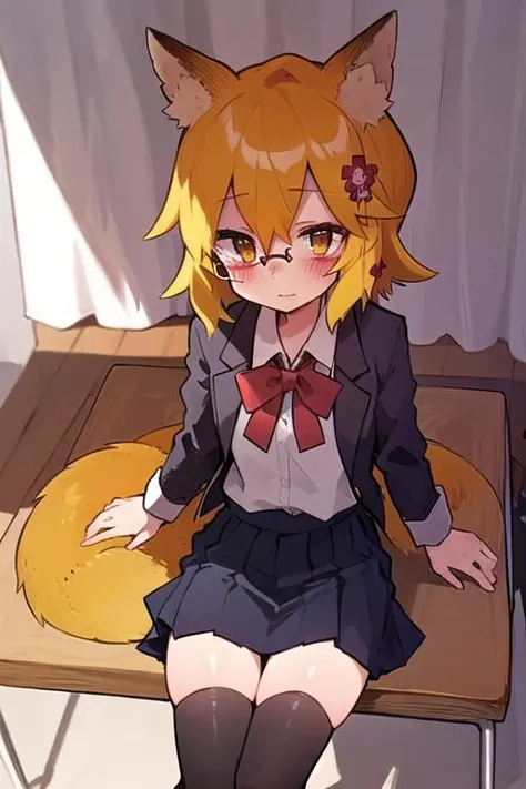 masterpiece, best quality, highly detailed, sen, animal ears, fox ears, fox girl, fox tail, hair flower, hair ornament, orange eyes, orange hair, short hair, tail, blush, looking at viewer, petite, school uniform, brown shoes, sit with legs crossed, glasses, black thighhighs, skirt, blue skirt, sitting on desk, from above, girl