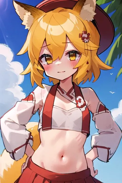 masterpiece, best quality, highly detailed, sen, animal ears, fox ears, fox girl, fox tail, hair flower, hair ornament, orange eyes, orange hair, short hair, tail, blush, looking at viewer, petite, girl, upper body, hat, crop top, miniskirt, outdoors, hands on hip, small breasts, midriff, detailed hands