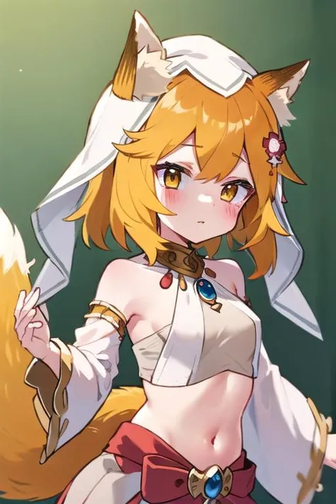 masterpiece, best quality, highly detailed, sen, animal ears, fox ears, fox girl, fox tail, hair flower, hair ornament, orange eyes, orange hair, short hair, tail, blush, looking at viewer, petite, girl, upper body, white crop top, jewelry, horns, veil, bracer, brooch, long sleeves, puffy long sleeves, skirt, bangs, puffy sleeves, neck ring, gold trim, parted bangs, arm up, arm behind back, circlet, Red skirt, hair ornament, detached sleeves, gem, hair flower, red gemstone, dancer, white headwear, small breasts, midriff, detailed hands