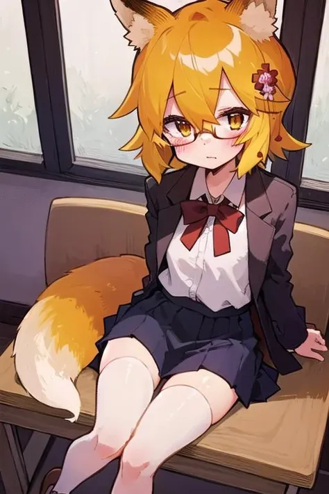 masterpiece, best quality, highly detailed, sen, animal ears, fox ears, fox girl, fox tail, hair flower, hair ornament, orange eyes, orange hair, short hair, tail, blush, looking at viewer, petite, school uniform, brown shoes, sit with legs crossed, glasses, black thighhighs, skirt, blue skirt, sitting on desk, from above, girl