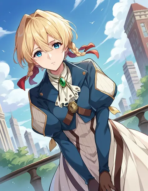 score_9, score_8_up, score_7_up, source_anime,
violetevergarden, <lora:violet-evergarden-ponyxl-lora-nochekaiser:1>,
violet evergarden, blonde hair, blue eyes, hair ribbon, ribbon, short hair, braids, hair braids, red ribbon, mature female,
blue jacket, brown gloves, cropped jacket, dress, gloves, green brooch, jacket, juliet sleeves, long sleeves, puffy sleeves, white dress,
outdoors, cityscape, bent over,
looking at viewer, cowboy shot, dutch angle,
