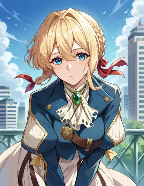 score_9, score_8_up, score_7_up, source_anime,
violetevergarden, <lora:violet-evergarden-ponyxl-lora-nochekaiser:1>,
violet evergarden, blonde hair, blue eyes, hair ribbon, ribbon, short hair, braids, hair braids, red ribbon, mature female,
blue jacket, brown gloves, cropped jacket, dress, gloves, green brooch, jacket, juliet sleeves, long sleeves, puffy sleeves, white dress,
outdoors, cityscape, bent over,
looking at viewer, cowboy shot, dutch angle,