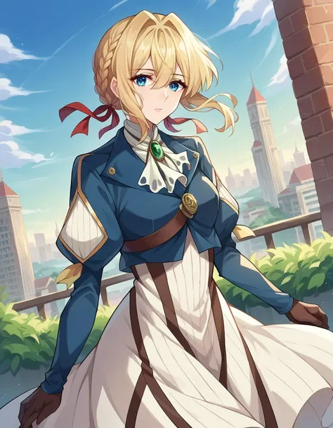 score_9, score_8_up, score_7_up, source_anime,
violetevergarden, <lora:violet-evergarden-ponyxl-lora-nochekaiser:1>,
violet evergarden, blonde hair, blue eyes, hair ribbon, ribbon, short hair, braids, hair braids, red ribbon, mature female,
blue jacket, brown gloves, cropped jacket, dress, gloves, green brooch, jacket, juliet sleeves, long sleeves, puffy sleeves, white dress,
outdoors, cityscape,
looking at viewer, cowboy shot, dutch angle,