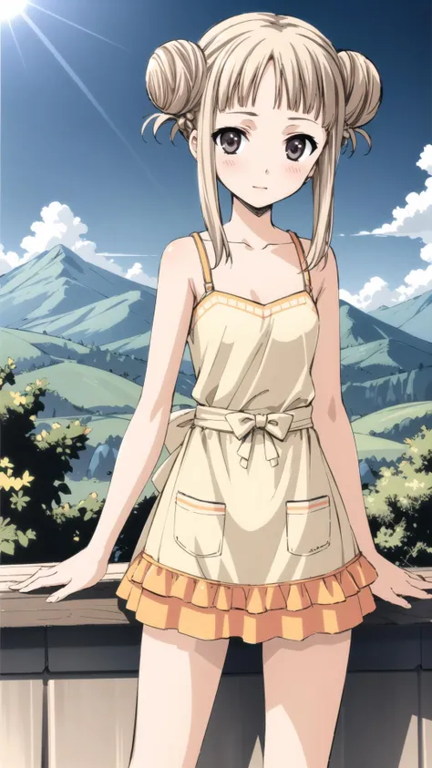 Chocolat,1girl, solo,double bun,apron on naked body,twin braids,white swimsuit,,landscape ,The distant mountain ,blue sky,sunny,sunlight <lora:ChocolatANYtest-000010:0.4>