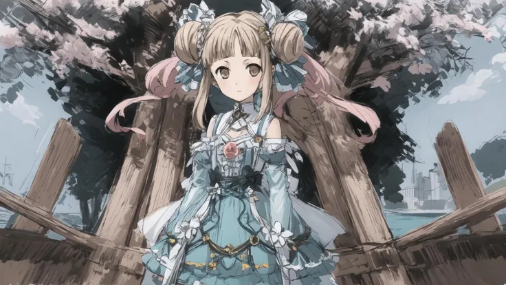 Chocolat,1girl, solo,double bun,enmaided,see-through,cherry blossoms ,ocean ,beautiful detailed sky, beautiful detailed water   <lora:ChocolatANYtest:0.4>