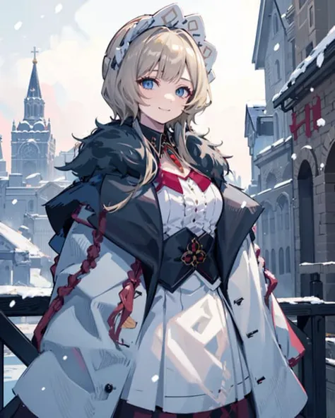 1girl,sandrone, <lora:SandroneV1:0.8>,blonde hair, light smile, large breasts, cowboy shot, standing,outdoors,snowing,moscow, castle,