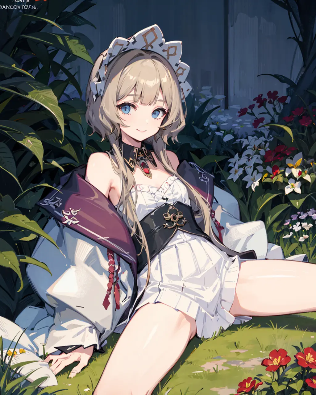 1girl,sandrone, <lora:SandroneV1:0.7>,blonde hair, outdoors,garden,((spread legs)),light smile,