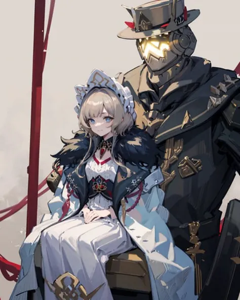 1girl,sandronerobot, <lora:SandroneV1:0.9>,blonde hair, light smile, robot,hat,(((sitting)))