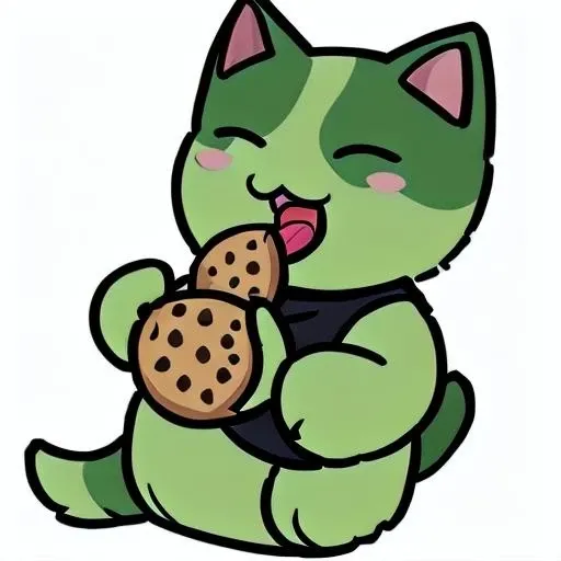 sharp, high quality, smooth, clean, anime style, cat, green fur, brown eyes, cookie, eating cookie