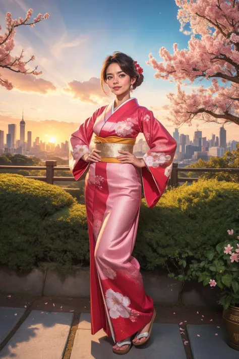 beautiful adult woman, high quality, best quality, highres, <lora:Outfit_hud-WTFDress:0.65> hud_wtf, Skyline Sparkle, Urban, glittering, azure, diamonds, by Yann Arthus-Bertrand hand on hip Japanese kimono, traditional design, submissive pose, serene garden setting, cherry blossoms, sunset hues, vibrant, detailed, 8k resolution
