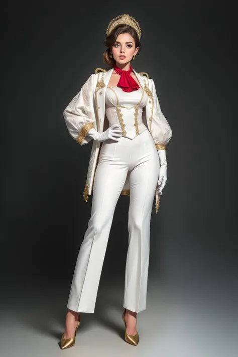 beautiful adult woman, high quality, best quality, highres, <lora:Outfit_hud-WTFDress:0.65> hud_wtf, Velvet Dusk, Soft, glowing, azure, diamonds, by Richard Avedon hand on hip (white gloves), standing, butler outfit, vest, tailcoat:1.2, elegant and sophisticated, Victorian era influence, tailored jacket, crisp white shirt, ascot, high-waisted trousers, polished leather boot heels, detailed embroidery, monochrome color palette, cinematic lighting 8k resolution