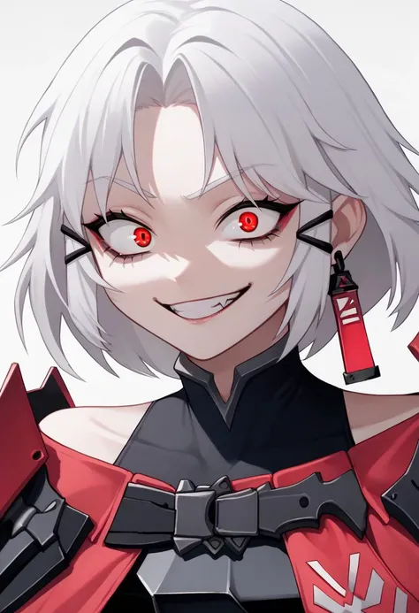 score_9, score_8_up, score_7_up, source_anime BREAK 1girl, <lora:drake-nikke-richy-v1_pdxl:1> drakedef, short hair, red eyes, white hair, earrings, hair ornament, crazy eyes, shoulder armor, close-up, upper body, looking at viewer, evil smile, villainous, evil grin, capelet, breastplate