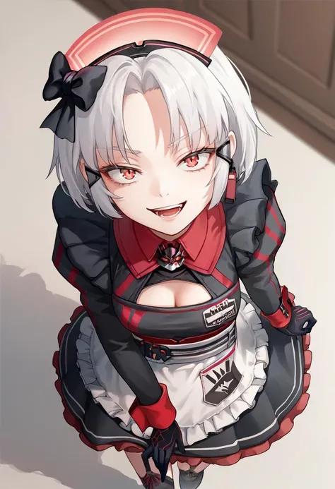 score_9, score_8_up, score_7_up, source_anime BREAK 1girl, <lora:drake-nikke-richy-v1_pdxl:1> drakemaid, short hair, white hair, red eyes, maid, maid headdress, hair bow, cleavage cutout, puffy sleeves, apron, black gloves, black thighhighs, garter straps, nude, panties, upskirt, breasts, nipples, smirk, evil grin,