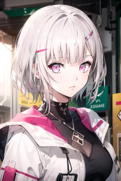(best quality:1.1), (masterpiece:1.4), illustration, , upper body, depth of field, , (semi-realistic:1.4), 1girl, solo, <lora:ada_synduality_noir:0.76>, ada_synduality_noir, grey hair, pink eyes, , short hair, , hairclip, , Shambhala: A hidden paradise where enlightened beings live in perfect harmony, 32k resolution