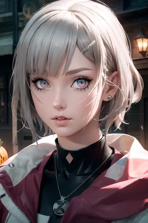 photorealistic, (4k), depth of field, (Masterpiece), (realistic skin texture), extremely detailed, intricate, hyper detailed, high resolution, professional photography, , depth of field, sharp detail, best quality, looking at viewer, 1girl, solo, <lora:ada_synduality_noir:0.76>, ada_synduality_noir, grey hair, pink eyes, , short hair, , hairclip, halloween costume, neverland: A lost island where children can stay forever young, 12k resolution