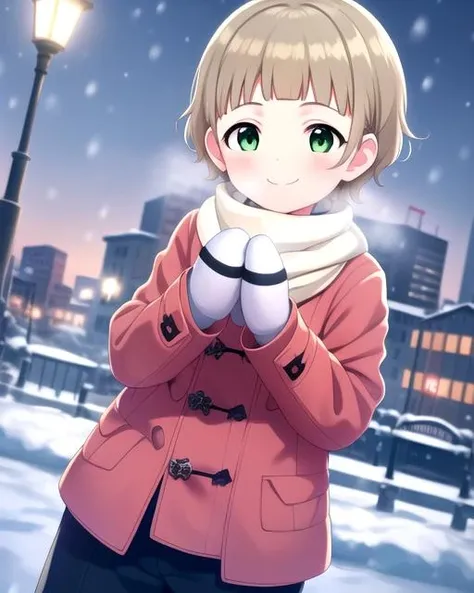 <lora:himenokanonsidem:1> 1boy, (((blunt_bangs))), smile, closed_mouth, blush, himeno_kanon, solo, child, very_short_hair, green_eyes, mittens, snowing, city, scarf, breath, winter_clothes