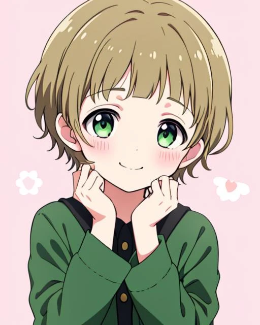 <lora:himenokanonsidem:1> 1boy, (((blunt_bangs))), smile, closed_mouth, blush, himeno_kanon, solo, , very_short_hair, green_eyes, praying