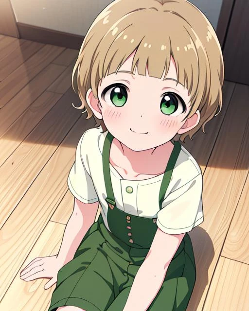 <lora:himenokanonsidem:0.9> (masterpiece, highres, best quality, ultra detailed:1.2) 1boy, (((blunt_bangs))), realistic, smile, closed_mouth, blush, himeno_kanon, solo, male_, very_short_hair, green_eyes, sitting, on_floor, blush, looking_up, looking at viewer