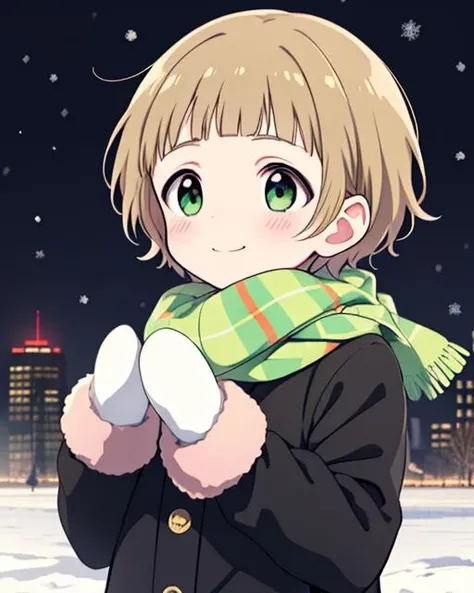 <lora:himenokanonsidem:1> 1boy, (((blunt_bangs))), smile, closed_mouth, blush, himeno_kanon, solo, child, very_short_hair, green_eyes, mittens, snowing, city, scarf, breath, winter_clothes