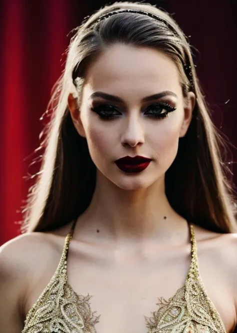 High Fashion, a captivating masterpiece of an woman, full body, The intricate lace and gold details exude a very rebellious aura. ((The use of high-shine gloss adds a touch of glamour to the look)), ((while the deep red and black hues give it a dramatic vibe)), blurred background, studio ligthing, facing camera, shallow depth of field, <lora:MS_LaurenDeGraaf_V1_32:0.8>, dynamic, dramatic, haute couture, elegant, ornate clothing, High Fashion