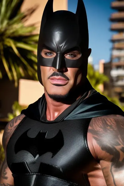 portrait of sks man (comadandte:1) dressed like batman without mask, high detailed face, with muscles, 8k, cinematic photo, ultradetailed, 8k,  <lora:comandante:1>