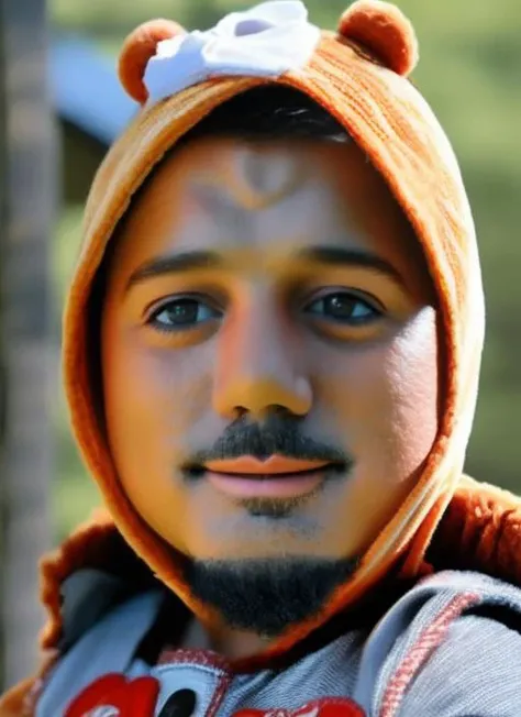 portrait of sks man children (comandante:1) dressed with ((detailed teddy bear costume:1)), (outdoors:1.2), natural lighting, 4k, 8k, 8k realistic, sharp focus, intricate, high resolution, , <lyco:locon_perfecteyes_v1_from_v1_64_32:0.85> <lora:c0rdera:1> <lora:comandante:1>