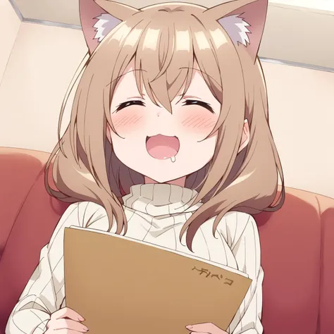 score_9, score_8_up, score_7_up, source_anime BREAK
katase shiori, 1girl, solo, brown hair, blush, open mouth, = =, closed eyes, drooling, :3, hair between eyes, saliva, cat ears, eyebrows visible through hair, chibi, smile, :d, ribbed sweater, turtleneck, grey sweater, indoors, facing viewer, light brown hair, turtleneck sweater, reading, short hair, upper body, medium hair, snot, hair cones, cat girl, couch, sleeping, pervert, mouth drool, female pervert, white sweater, april fools, sitting, portrait, anime coloring, kemonomimi mode, long hair, fake screenshot, nose blush, nose bubble, dutch angle, long sleeves, style parody, squirrel ears, drunk, ceiling light, ceiling, menu board, holding menu
<lora:katase_shiori_sdxl_locon_pony_v1:0.7>