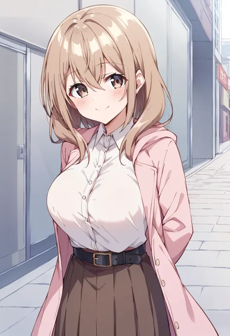 score_9, score_8_up, score_7_up, source_anime BREAK
katase shiori, 1girl, blush, solo, smile, large breasts, arms behind back, brown hair, brown skirt, hair between eyes, belt, white shirt, closed mouth, high-waist skirt, long hair, looking at viewer, pink jacket, collared shirt, eyebrows visible through hair, medium hair, light brown hair, long sleeves, long skirt, standing, pink coat, outdoors, black belt, open jacket, dress shirt, solo, shiny hair, cowboy shot, buckle, shirt tucked in, shiny, wing collar, belt buckle, open cardigan, brown eyes, blonde hair, street, brown belt, casual, open coat, black skirt, pink shirt, grey background, buttons, pleated skirt, cardigan, grey eyes, straight-on
<lora:katase_shiori_sdxl_locon_pony_v1:0.7>