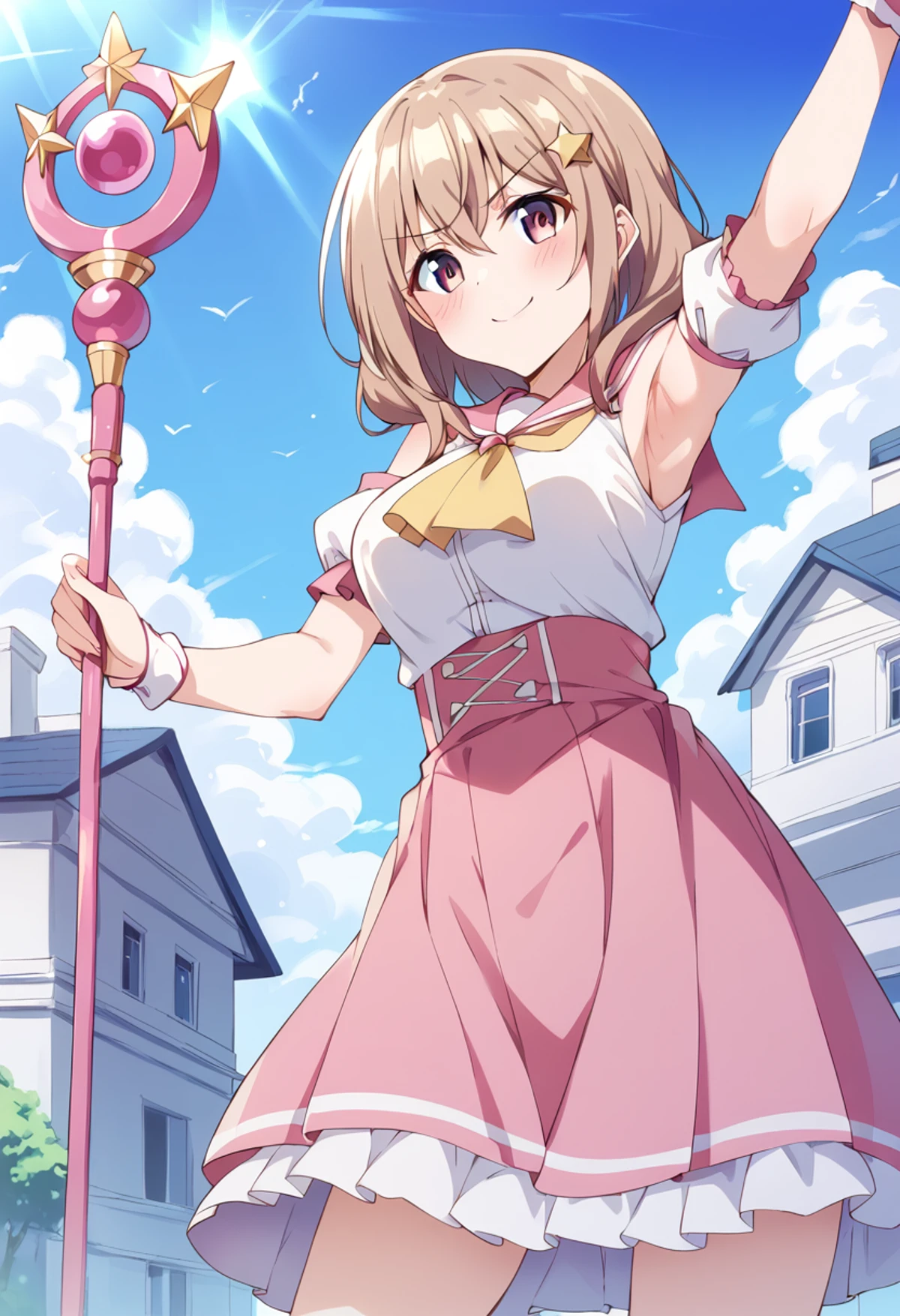 score_9, score_8_up, score_7_up, source_anime BREAK
katase shiori, 1girl, solo, wand, day, cloud, magical girl, armpits, outdoors, blue sky, long hair, pink skirt, holding wand, dutch angle, from below, white shirt, closed mouth, yellow neckwear, brown hair, arm up, puffy short sleeves, star hair ornament, eyebrows visible through hair, brown eyes, purple eyes, light brown hair, hair between eyes, looking at viewer, high-waist skirt, building, frills, cloudy sky, star \(symbol\), medium hair, pink eyes, sunlight, frilled sleeves, medium breasts, depth of field, sleeveless shirt, blonde hair, neckerchief, suspender skirt, house, standing, detached sleeves, frown, pleated skirt, blush, armpit peek, holding staff, v-shaped eyebrows, ascot, cowboy shot, looking down, white sleeves, staff, light rays, pink sailor collar, looking to the side, cosplay, outstretched arm, serious, looking away, red eyes, frilled skirt, red skirt, short hair, underbust, pink dress, smile, hair ribbon, pink ribbon, shoulder cutout
<lora:katase_shiori_sdxl_locon_pony_v1:0.7>