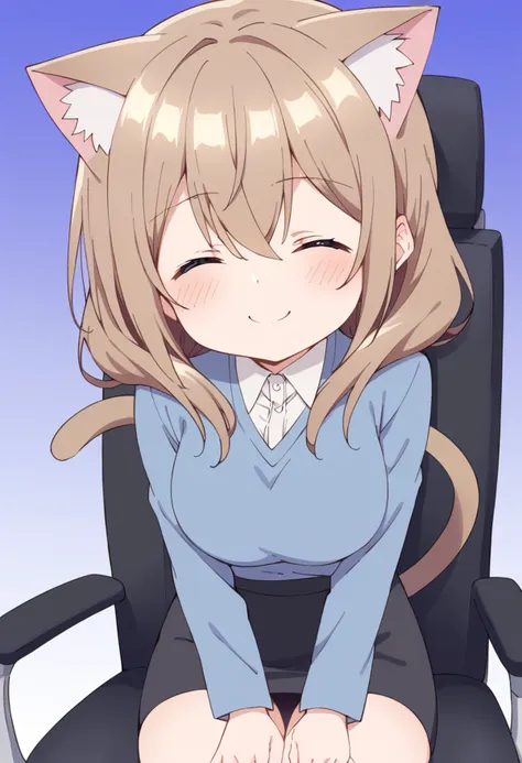 score_9, score_8_up, score_7_up, source_anime BREAK
katase shiori, 1girl, solo, cat ears, :3, cat tail, closed eyes, sitting, brown hair, blush, chibi, cat girl, short hair, pencil skirt, = =, long sleeves, black skirt, eyebrows visible through hair, collared shirt, closed mouth, hair between eyes, white shirt, medium breasts, hands on own knees, blue sweater, office chair, kemonomimi mode, blue background, light brown hair, facing viewer, on chair, gradient background, smile, hands on lap, large breasts, office lady, purple background, extra ears, dress shirt, simple background, grey hair, legs together, wing collar, long hair, miniskirt, feet out of frame, sidelocks, swivel chair, medium hair
<lora:katase_shiori_sdxl_locon_pony_v1:0.7>