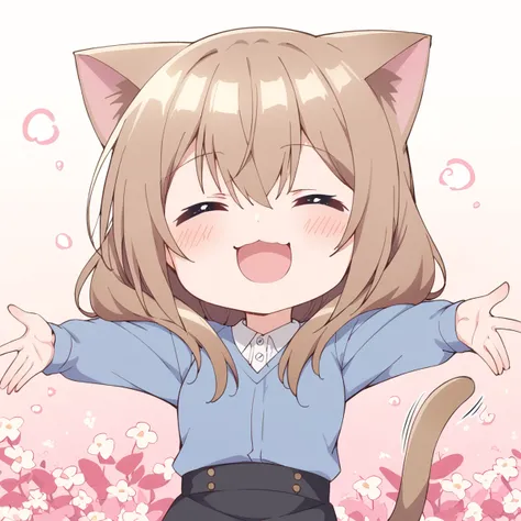 score_9, score_8_up, score_7_up, source_anime BREAK
katase shiori, 1girl, solo, cat ears, cat tail, closed eyes, blush, open mouth, smile, tail wagging, brown hair, chibi, long hair, cat girl, :d, long sleeves, black skirt, pink background, kemonomimi mode, blue shirt, eyebrows visible through hair, outstretched arms, pencil skirt, light brown hair, tail raised, floral background, hair between eyes, simple background, motion lines, outstretched arm, ^ ^, standing, extra ears, sidelocks, sideways mouth, = =, gradient background, white background, blue sweater, pink flower, pantyhose, office lady, high-waist skirt, cowboy shot
<lora:katase_shiori_sdxl_locon_pony_v1:0.7>