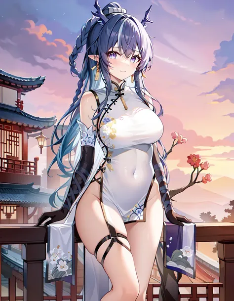 masterpiece, best quality, high resolution, 
1girl, solo, dress, breasts, gloves, jewelry, china dress, earrings, looking at viewer, elbow gloves, chinese clothes, large breasts, tail, white dress, thigh strap, pelvic curtain, tassel earrings, feet out of frame, very long hair, no panties, ponytail, thighs, sleeveless, bare shoulders, outdoors, black gloves, sleeveless dress, blush, architecture, east asian architecture, closed mouth, dusk, alternate costume, railing, bangs, 
<lora:ArknightsLing64:0.7>,