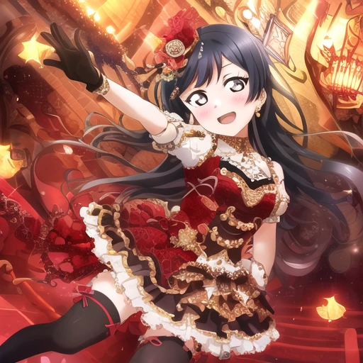 1girl,{{best best quality}},{{ultra-detailed}},{masterpiece},{illustration},{detailed light},{an extremly delicate and beautiful},{beautiful detailed eyes},solo focus, ((red mini see through dress)), elbow dress, black thighhighs, frills, ribbons, studio background, (platinum red hair:1),floating hair, ((puffy eyes)), looking at viewer, facing front, cute,love live! nijigasaki high school idol club,clear facial skin,full body,