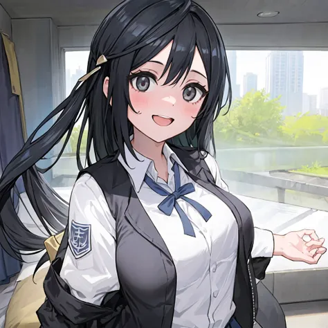 1girl, solo,(best quality),(masterpiece:1.1),blue (school uniform:1.4),dress, looking_at_viewer, neck_ribbon, smile, black eyes , studio background, cute, clear facial skin