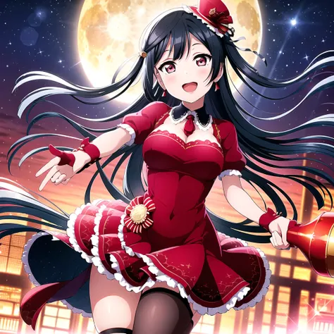 best quality, ultra high res, (photorealistic:1.4), 1girl, solo focus, ((red mini see through dress)), elbow dress, black thighhighs, frills, ribbons, studio background, (platinum red hair:1),floating hair, ((puffy eyes)), looking at viewer, facing front, cute, moon light city , clear facial skin,