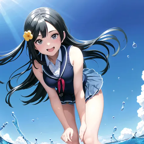 1girl, solo,(best quality),(masterpiece:1.1),blue (school uniform:1.4),dress, looking_at_viewer, neck_ribbon, smile, black eyes , studio background, cute, clear facial skinbare shoulders, water,cinematic angle,thigh gap,cleavage,revealing,see-through,professional lighting,thighhighs,sailor collar,necklace,