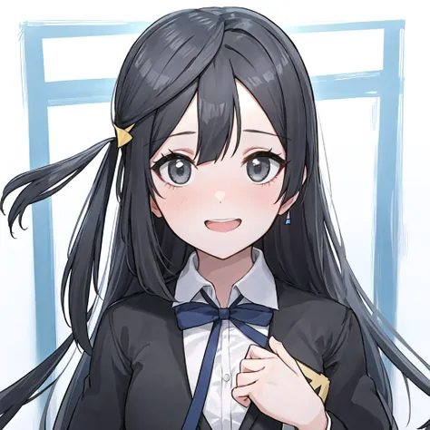 1girl, solo,(best quality),(masterpiece:1.1),blue (school uniform:1.4),dress, looking_at_viewer, neck_ribbon, smile, black eyes