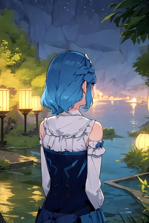 masterpiece, best quality, upper body, hair ornament, arms behind back, nature, idyia, night, <lora:idyia:0.8>, water